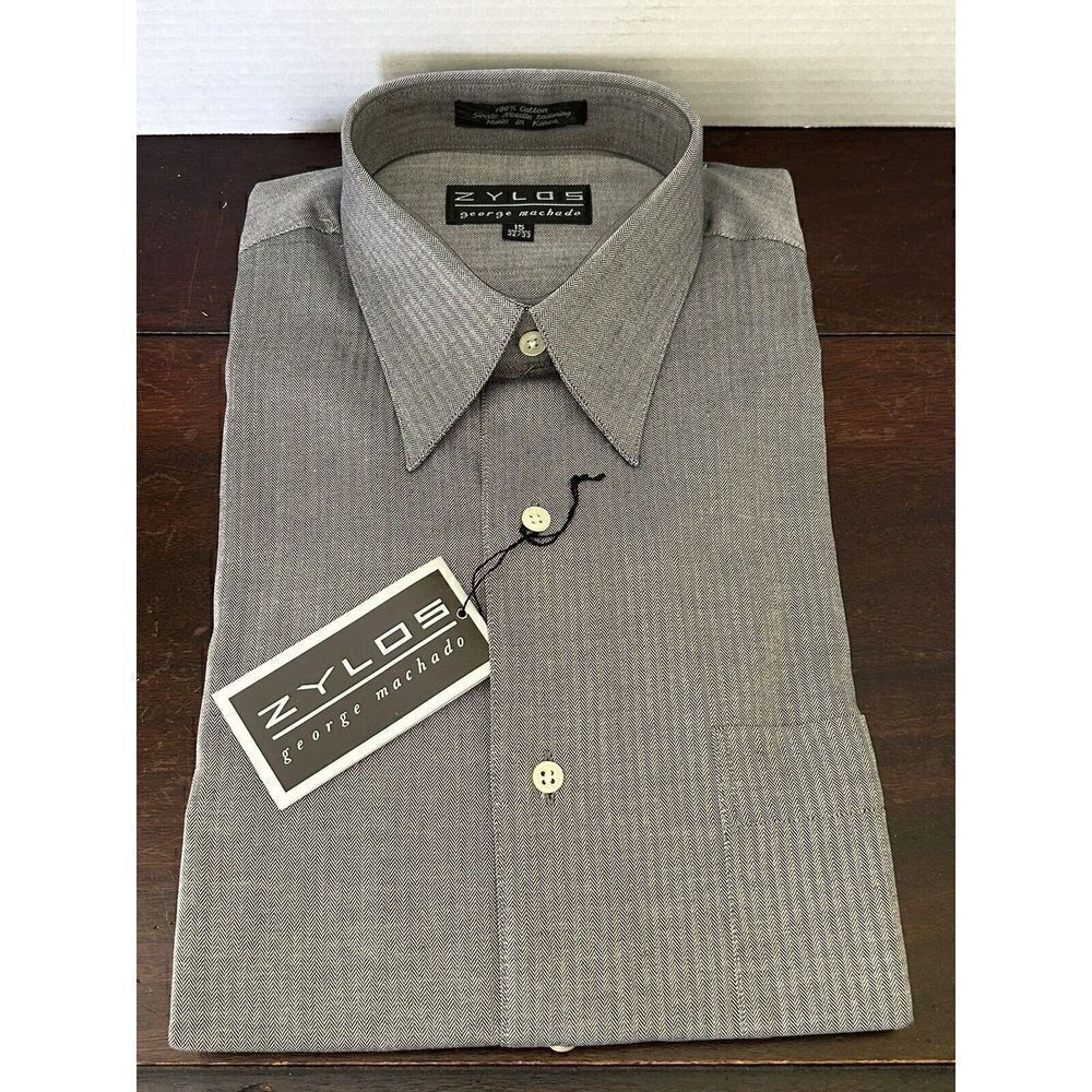 Zylos George Machado Mens Black & Gray Herringbone Button Up Shirt 15 32/33